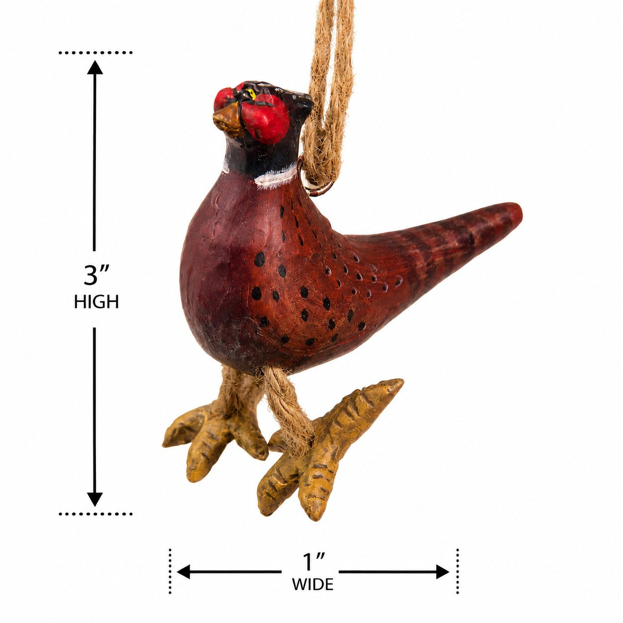 A hanging resin pheasant ornament with a natural jute loop, shown on a white background with dimension arrows indicating 3 inches high and 1 inch wide.