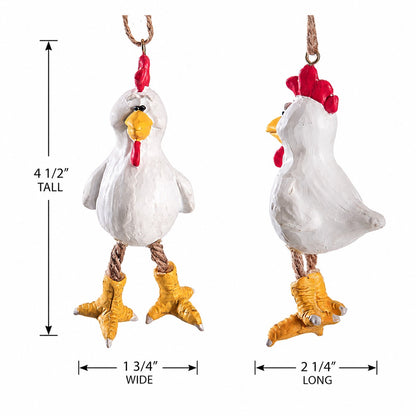 A white chicken ornament shown from front and side views on a white background, with measurement labels indicating height of 4 1/2 inches, width of 1 3/4 inches, and length of 2 1/4 inches.