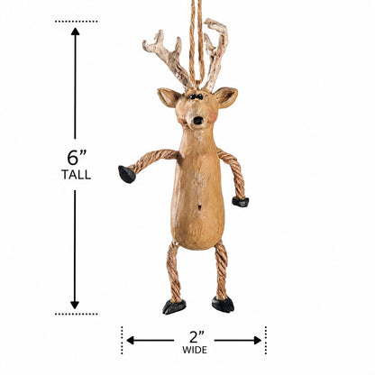 A resin wooden reindeer ornament with rope limbs and antlers, shown on a white background with dimension arrows indicating 6 inches tall and 2 inches wide.