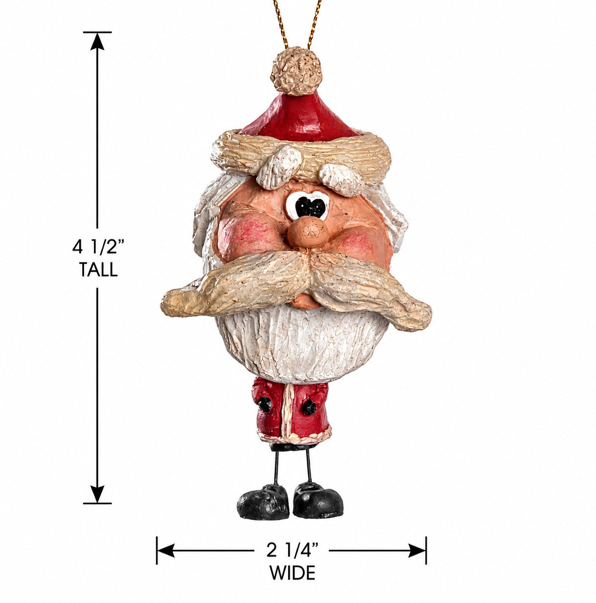 A Santa Claus hanging ornament shown on a white background with dimension arrows and text indicating 4 1/2 inches tall and 2 1/4 inches wide.