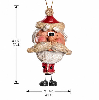 A Santa Claus hanging ornament shown on a white background with dimension arrows and text indicating 4 1/2 inches tall and 2 1/4 inches wide.