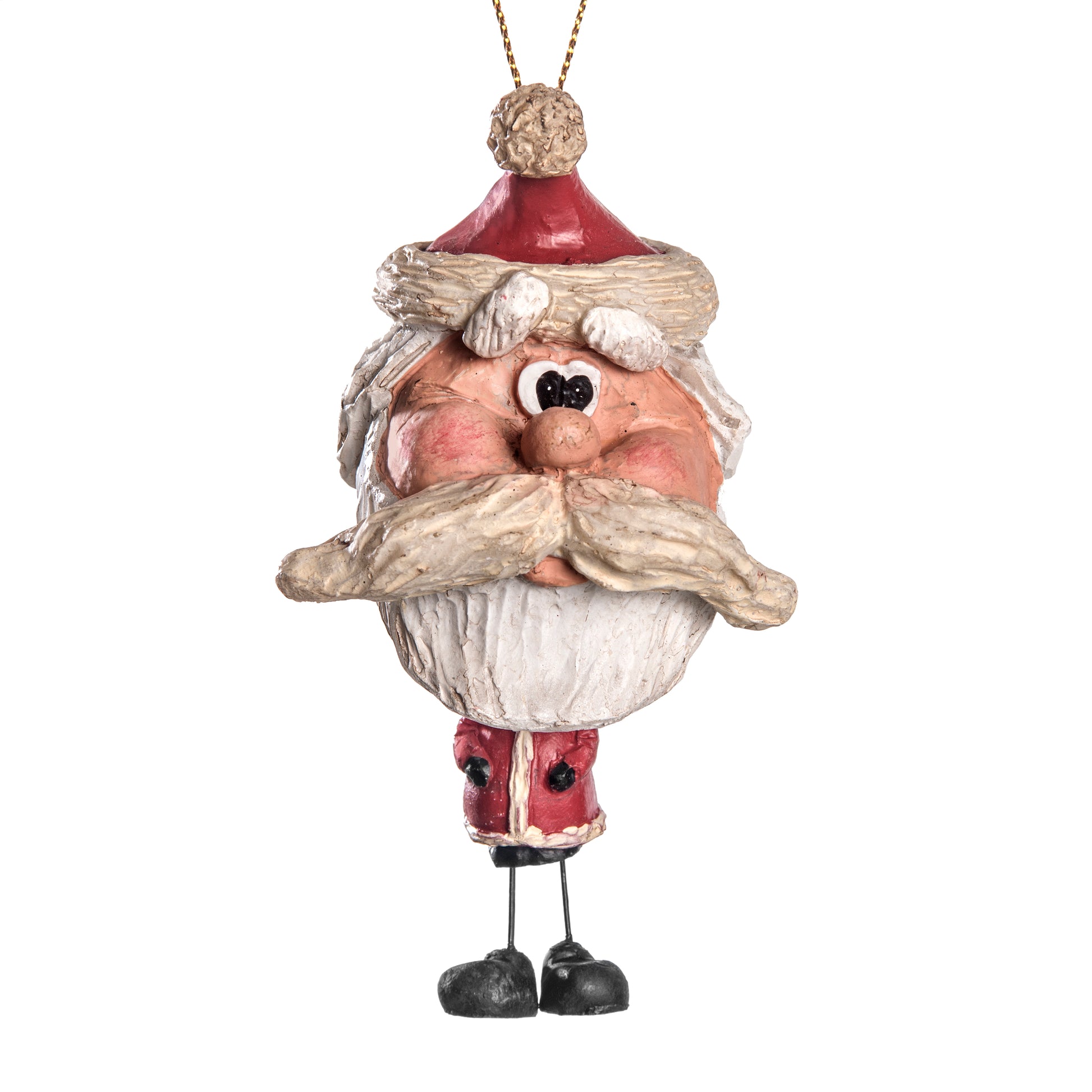 A whimsical Santa Claus hanging Christmas ornament with a funny, wrinkled face, large beige mustache and beard, red hat and coat, and black shoes, shown on a plain white background.