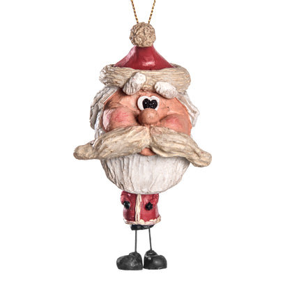 A whimsical Santa Claus hanging Christmas ornament with a funny, wrinkled face, large beige mustache and beard, red hat and coat, and black shoes, shown on a plain white background.