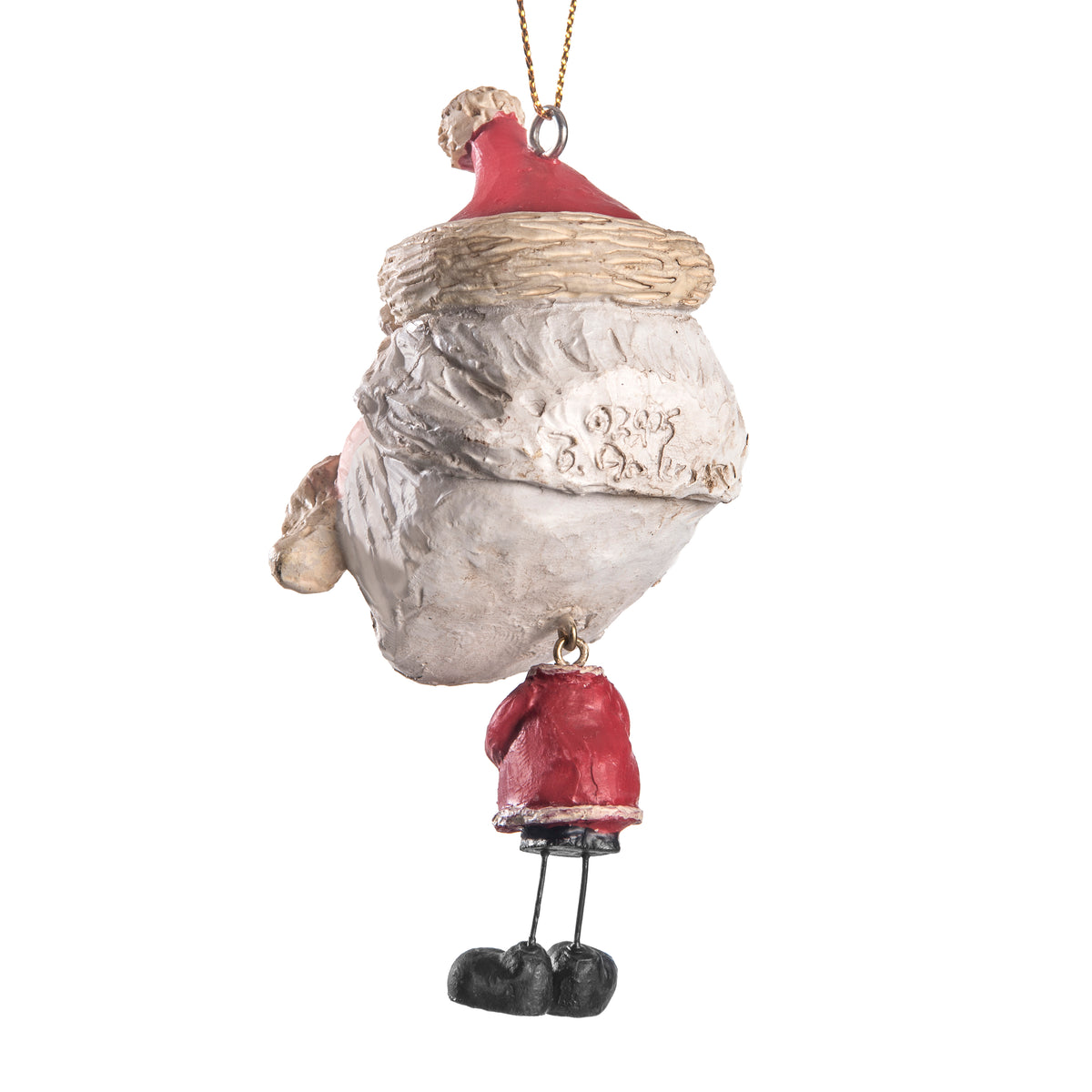 A Santa Claus hanging ornament shown from the back, featuring a textured white beard, a red Santa hat with a gold trim, a small red Santa jacket, and black boots, suspended by a gold string.