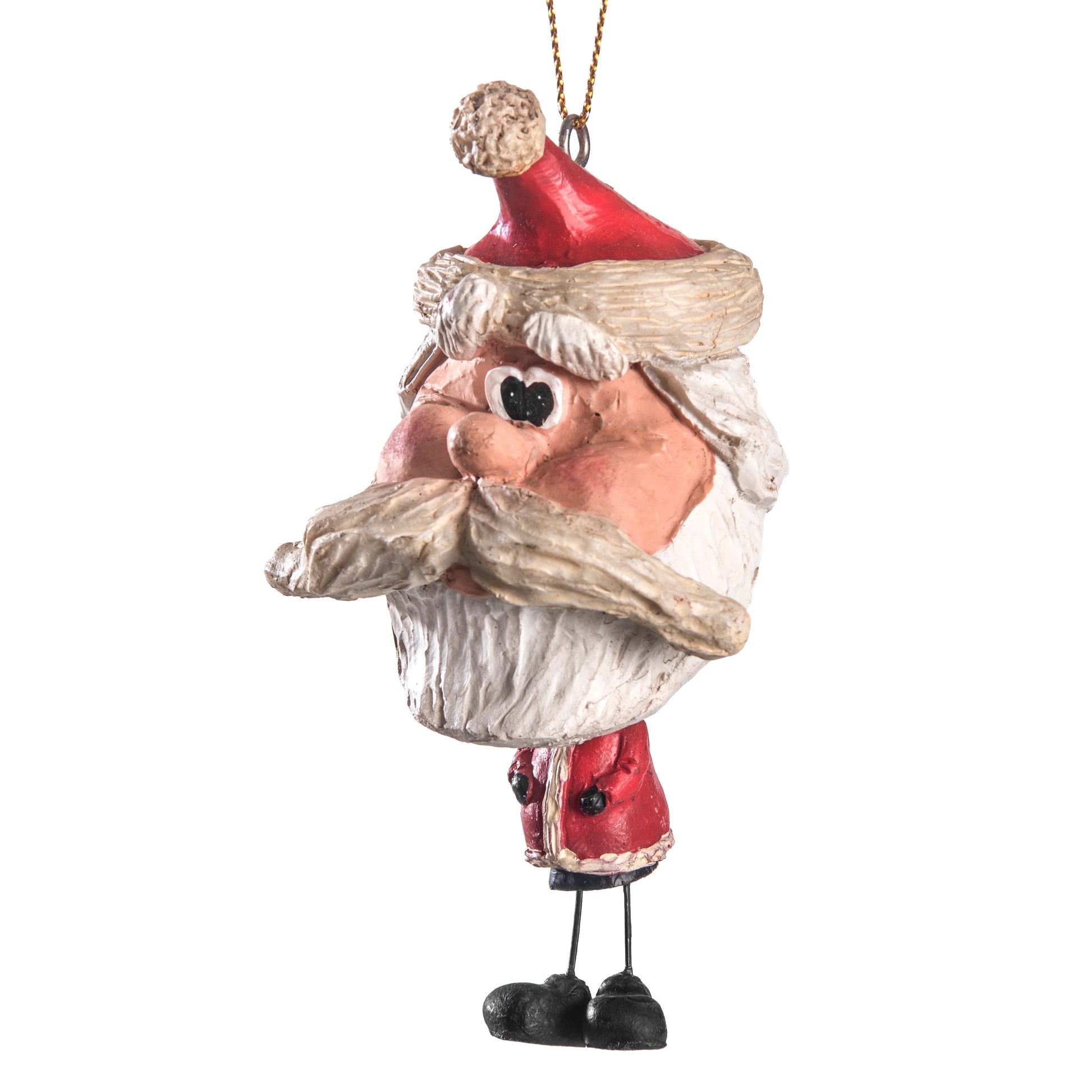 A whimsical Santa Claus hanging ornament with a tilted hat, and a gold hanging loop, shown against a plain white background.