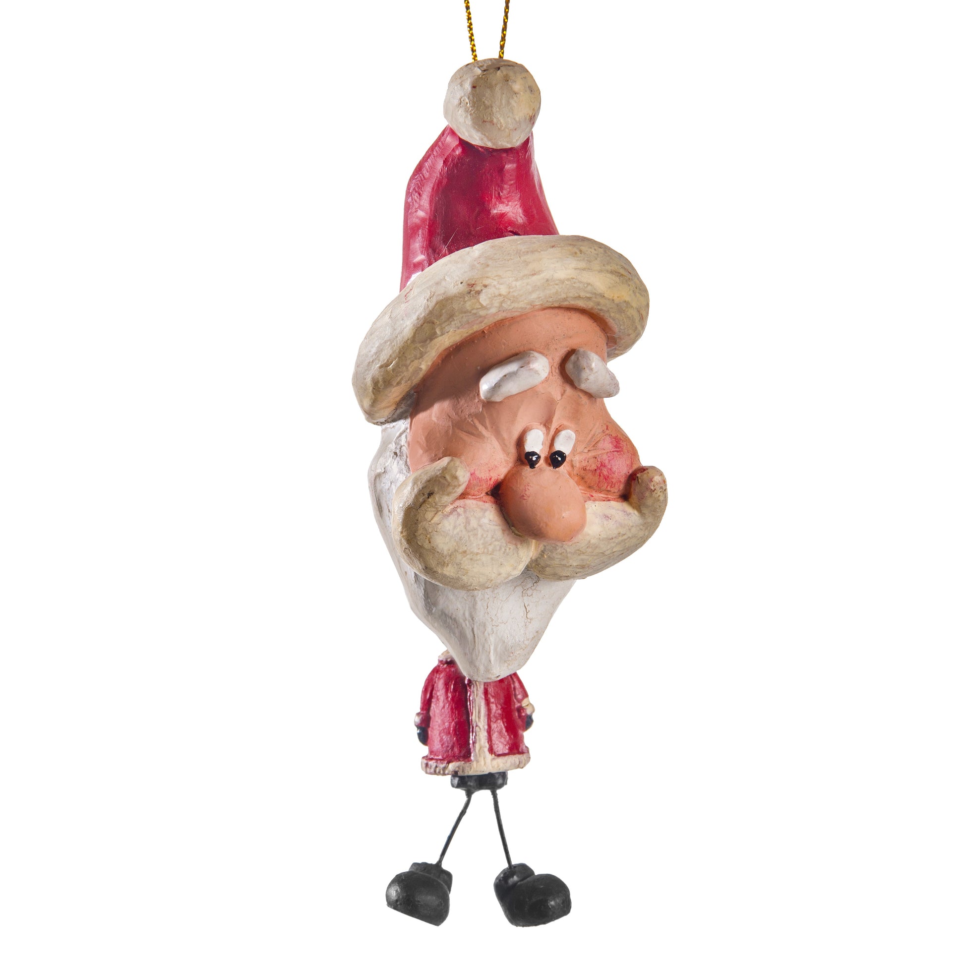 A whimsical Santa Claus Christmas tree ornament with a tilted head, red and cream outfit, and black shoes, shown against a plain white background.