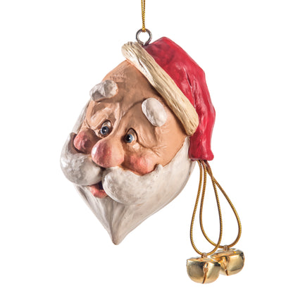 A festive Santa Claus head hanging Christmas ornament with a red hat, white beard, and small gold bells, shown against a plain white background.