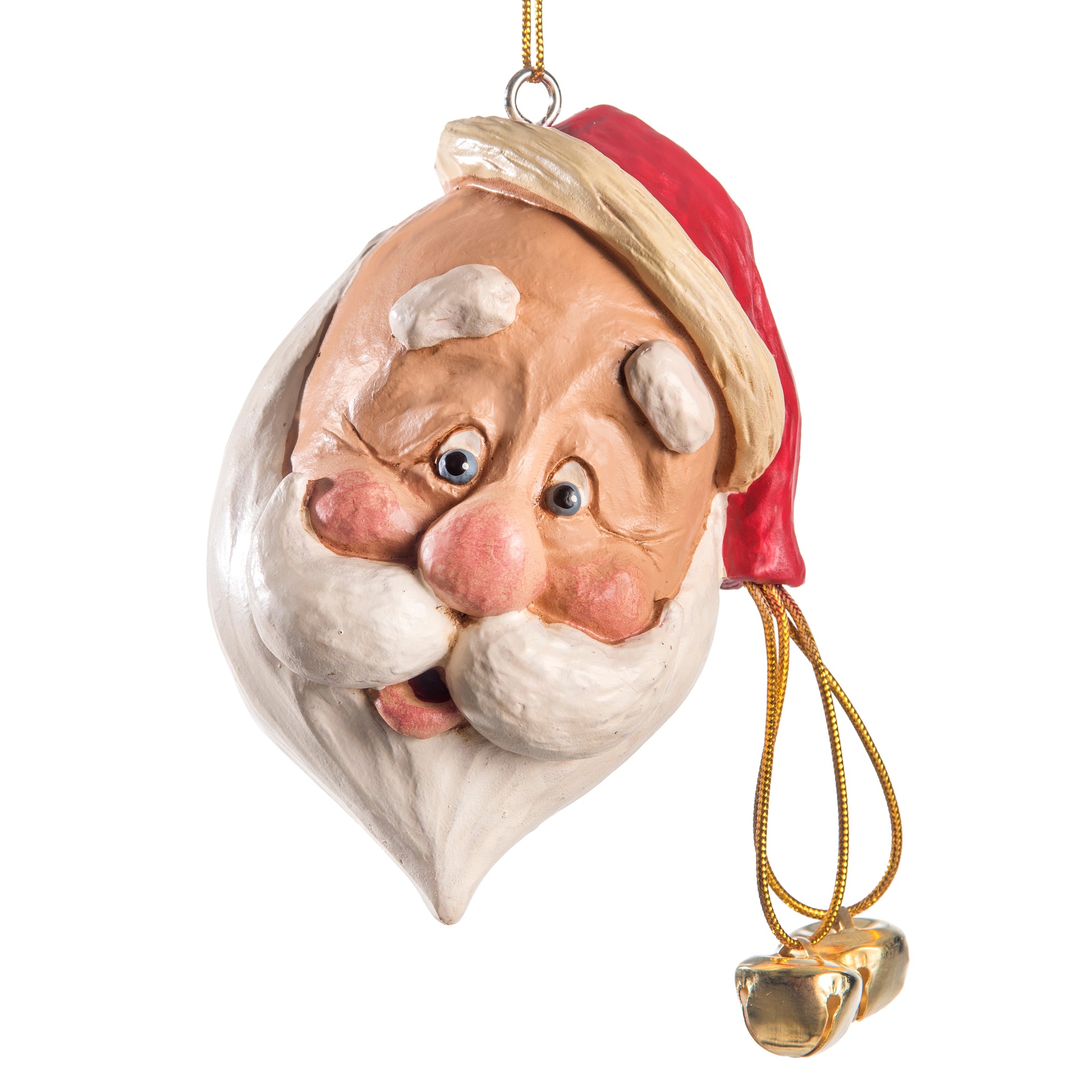 A whimsical Santa Claus ornament with a mischievous expression, featuring a red hat with a gold tassel and two small gold bells, set against a plain white background.