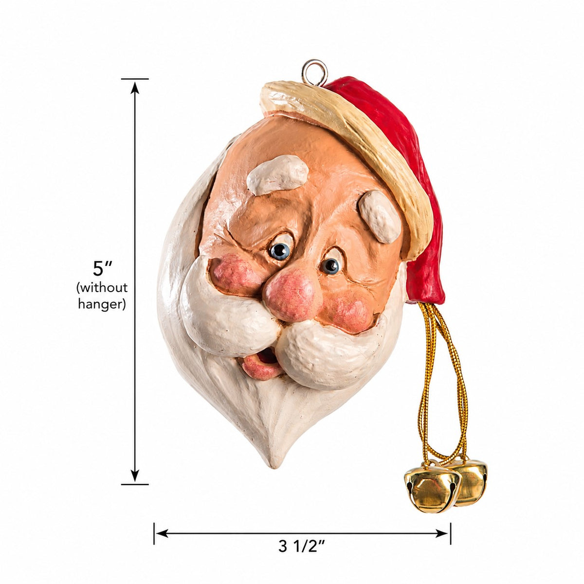A Santa Claus ornament shown on a white background with dimension lines indicating a height of 5 inches without the hanger and a width of 3 1/2 inches.