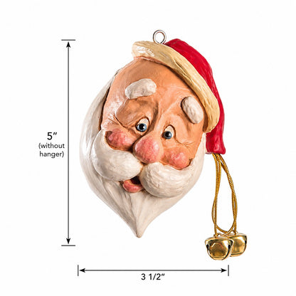 A Santa Claus ornament shown on a white background with dimension lines indicating a height of 5 inches without the hanger and a width of 3 1/2 inches.