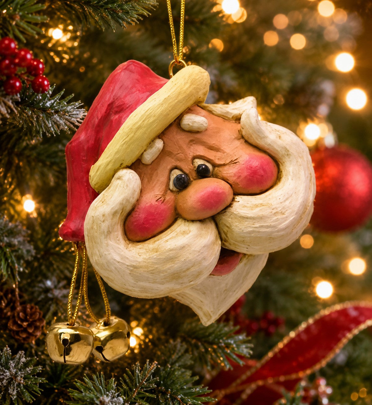 A close-up of a Santa Claus Christmas ornament hanging on a decorated Christmas tree. The ornament has a red hat with a beige trim, a white beard, pink cheeks, and small gold bells dangling below.