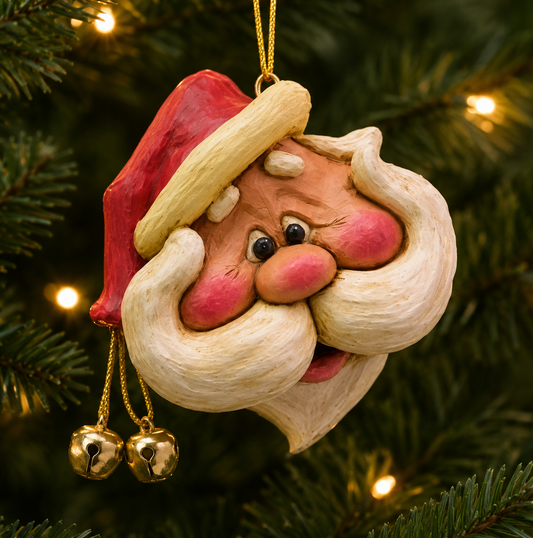 A whimsical Santa Claus face Christmas ornament hanging from a gold string on a Christmas tree. The ornament features a painted, textured look with a red hat, cream beard, pink cheeks, and small hanging gold bells.