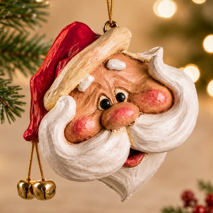 A close-up of a Santa Claus Christmas ornament with a red hat, white beard, and gold bells, shown hanging near a Christmas tree branch with warm blurred lights in the background.