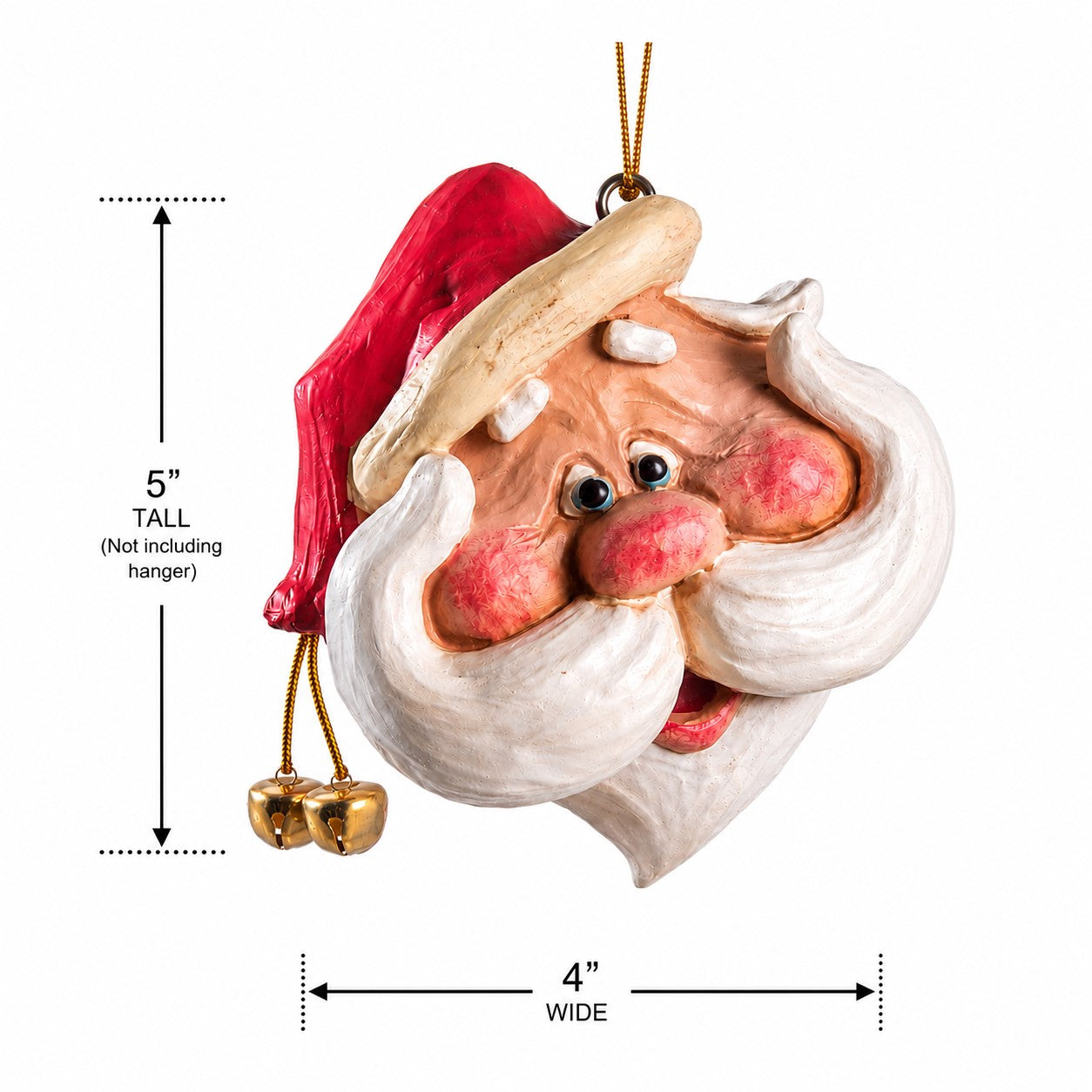 A Santa Claus ornament shown on a white background with measurement callouts indicating 5 inches tall and 4 inches wide.