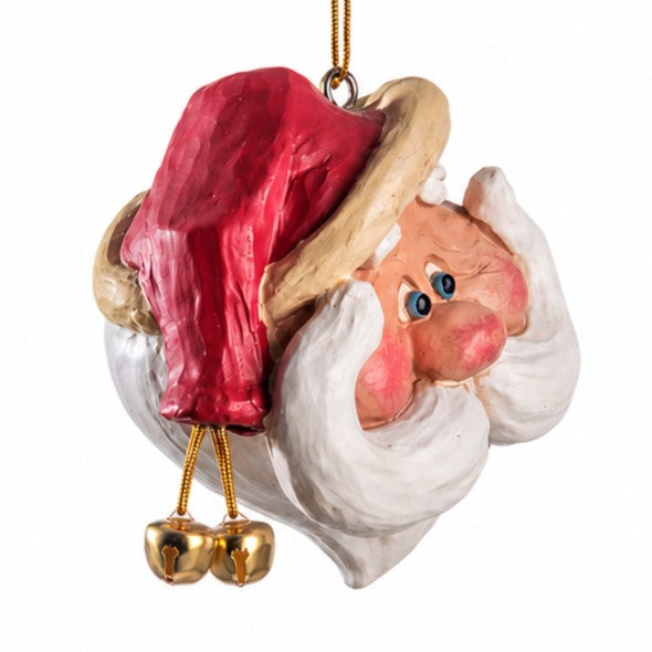 A Santa Claus Christmas ornament featuring a detailed sculpted face with a red hat, white beard, and small gold bells, shown on a plain white background.