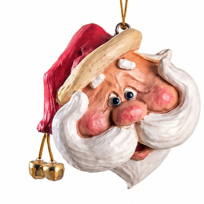 A novelty Christmas ornament a Santa Claus face with a red hat, white beard, pink cheeks, and small gold bells hanging below, shown on a plain white background.