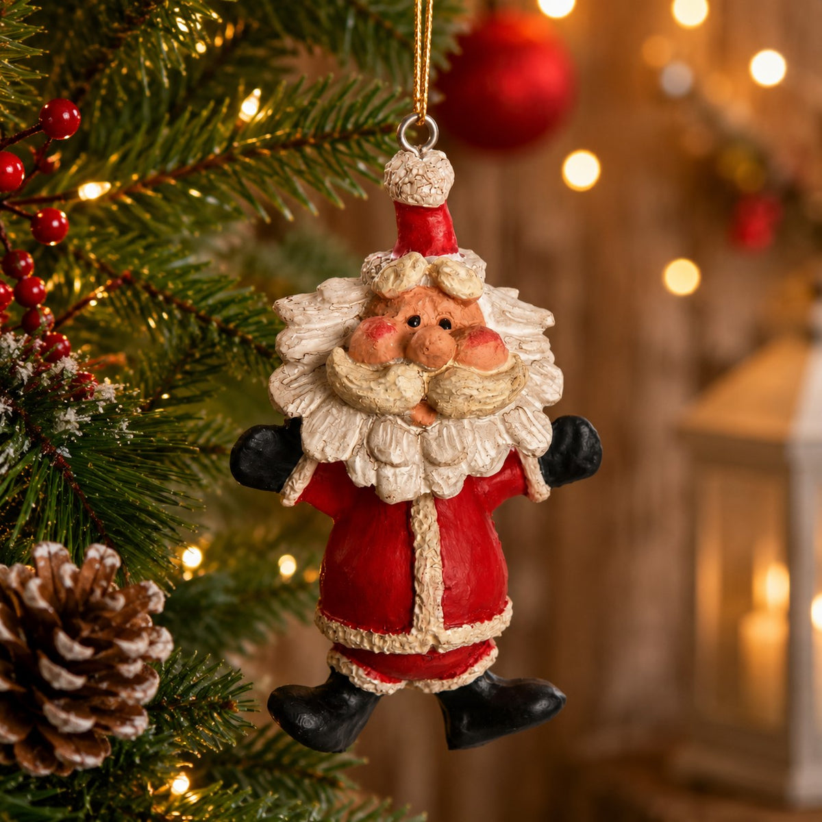A Bert Anderson Santa Claus hanging ornament with a red suit, white beard, and black boots, displayed on a Christmas tree with warm lights and pinecones in the background.