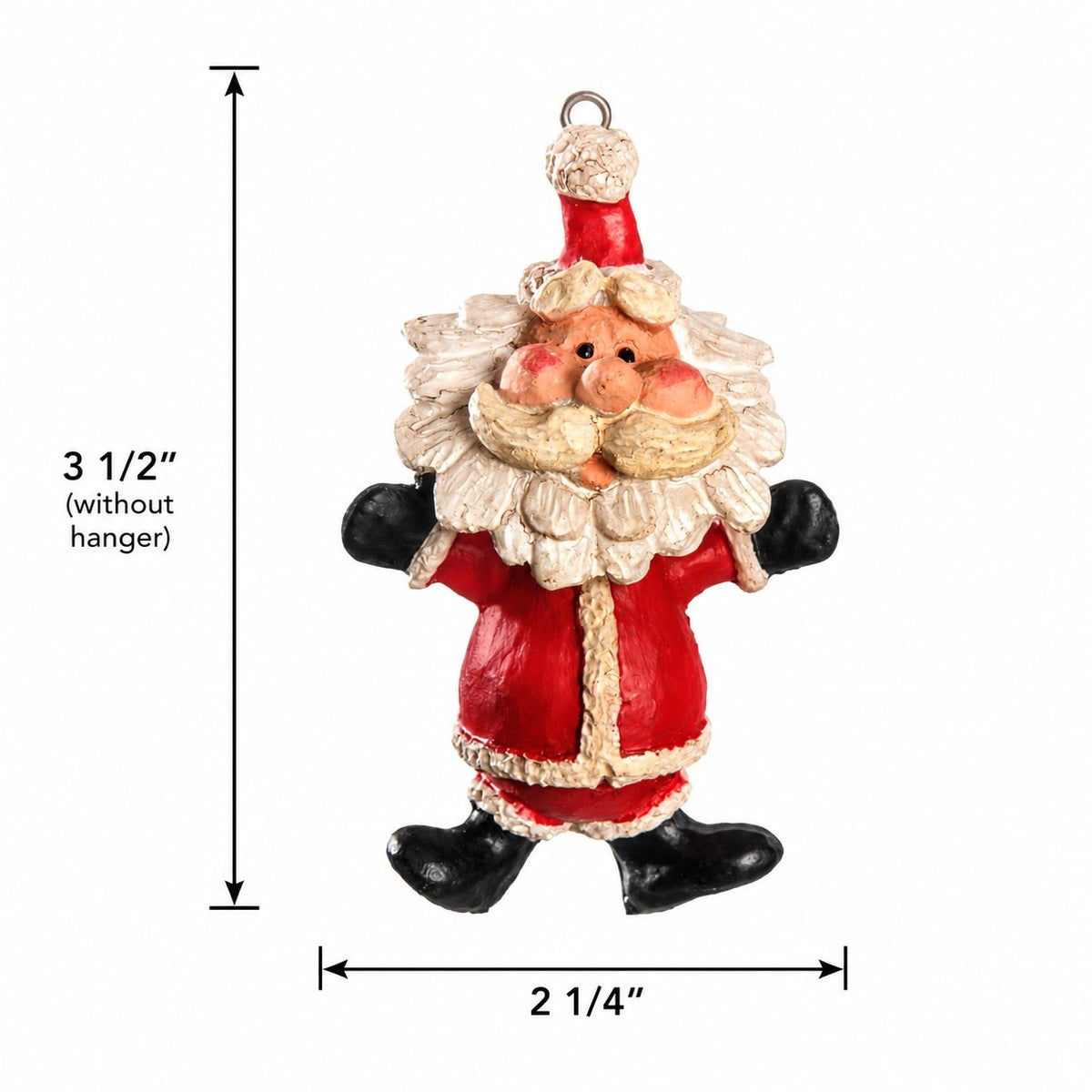A Santa Claus hanging ornament shown on a white background with dimension lines indicating a height of 3 1/2 inches without the hanger and a width of 2 1/4 inches.
