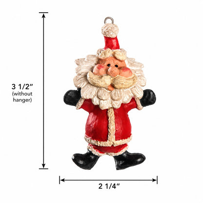 A Santa Claus hanging ornament shown on a white background with dimension lines indicating a height of 3 1/2 inches without the hanger and a width of 2 1/4 inches.