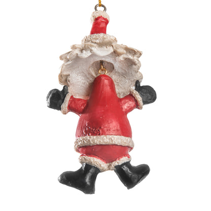 A handpainted Santa Claus hanging ornament with a textured red suit, white faux-fur trim, black boots and gloves, and a gold hanging loop, isolated on a white background.