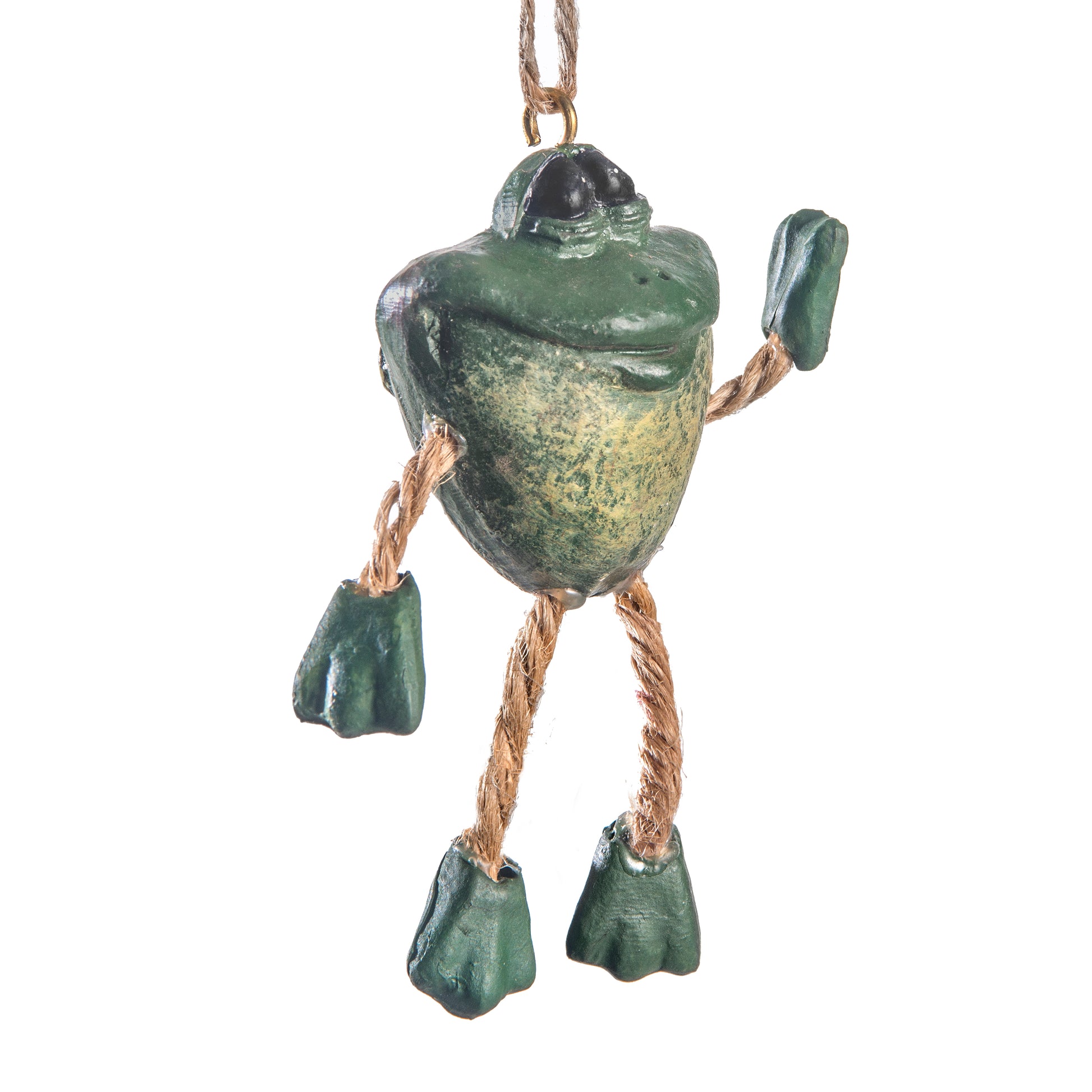 A green frog  hanging ornament with rope limbs and small hanging feet, shown against a plain white background.