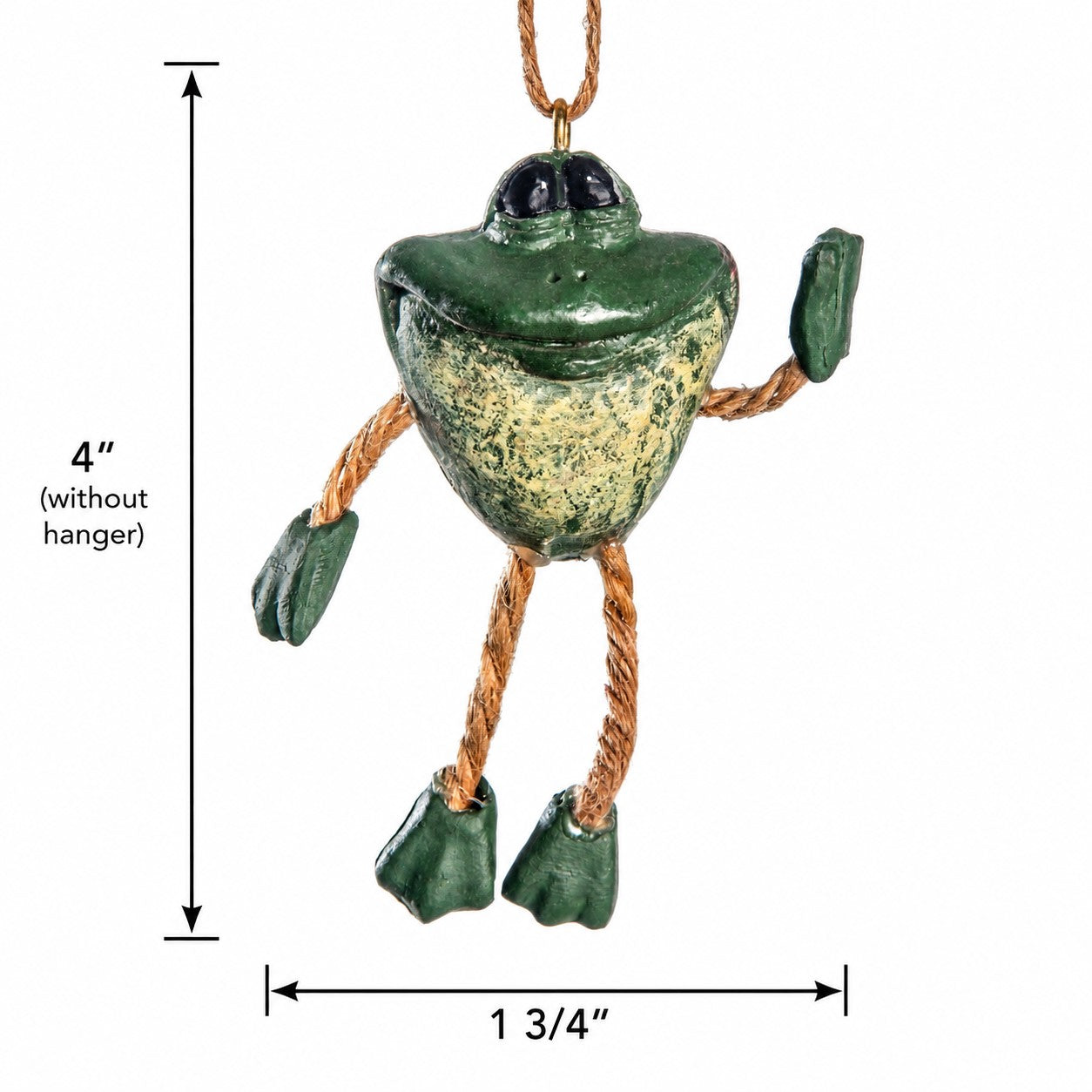 A frog hanging ornament shown on a white background with dimension arrows and text indicating 4 inches without the hanger and 1 3/4 inches wide.