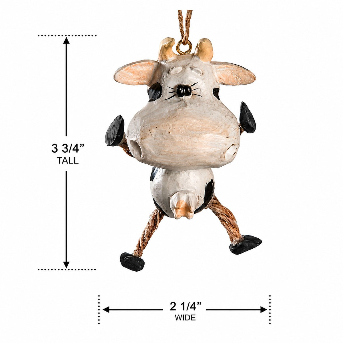 A cow hanging ornament shown on a white background with dimension arrows and text indicating 3 3/4 inches tall and 2 1/4 inches wide.