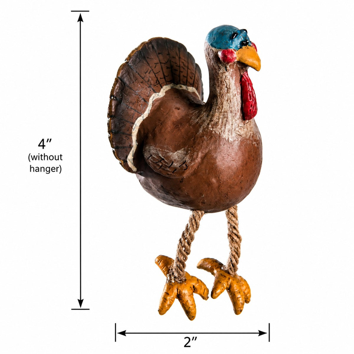 A decorative hanging turkey ornament shown on a white background with dimension labels indicating a height of 4 inches without hanger and a width of 2 inches.