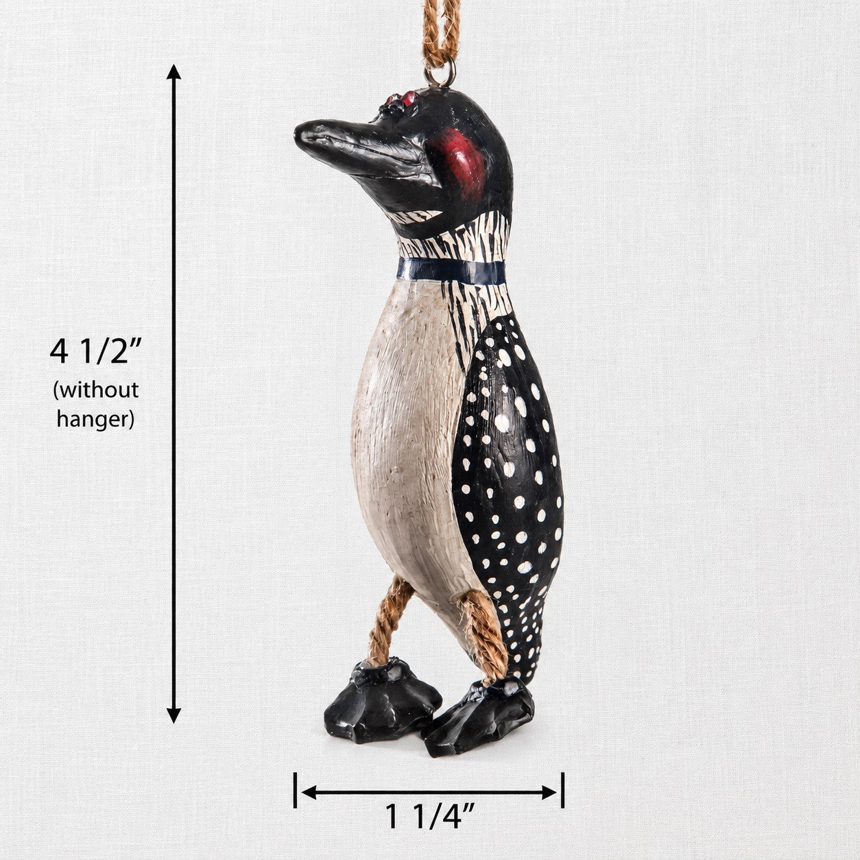 Loon ornament on white background with measurements.