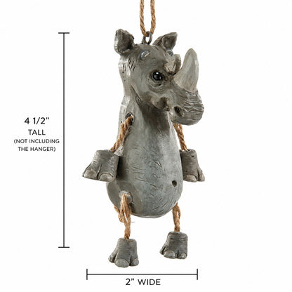 A gray rhinoceros hanging ornament with rope details and measurement annotations showing 4 1/2 inches tall and 2 inches wide, on a white background.
