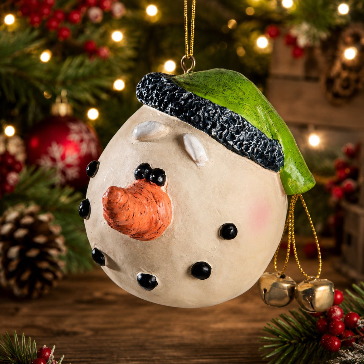 A hand-painted ceramic snowman ornament hanging in front of a blurred Christmas tree with lights, pinecones, and red berries. The ornament has a beige face, a green hat, a textured black band, an orange carrot nose, and small gold bells hanging from its side.