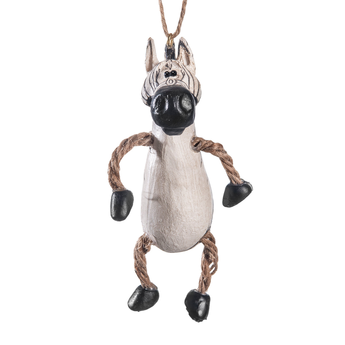 Front view of a Bert Anderson zebra ornament .  Handpainted ressin with black and white stripes,  jute rope arms and legs.