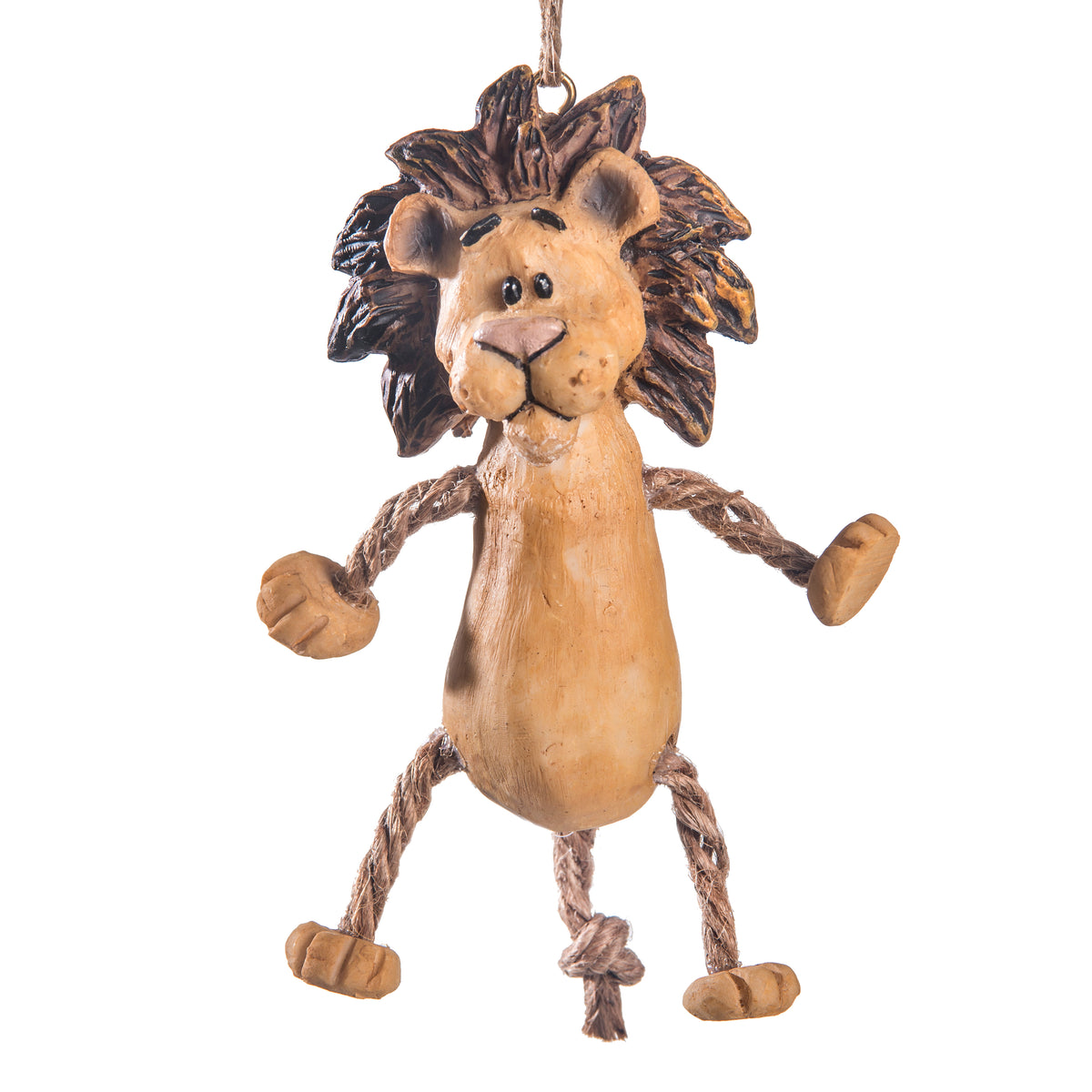 A hand painted lion hanging ornament with a textured tan body, dark brown mane, and rope arms and legs, shown against a plain white background.