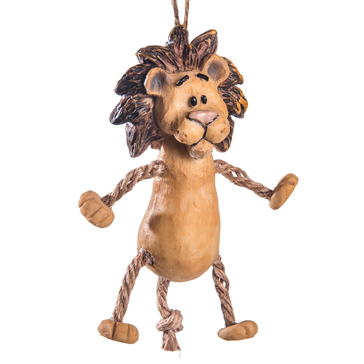 A resim lion hanging ornament with a textured brown mane, tan body, and rope limbs, shown against a plain white background.