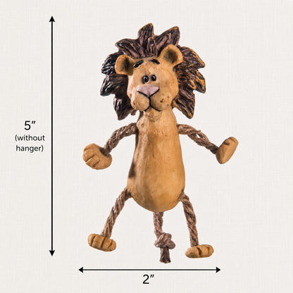 A lion hanging toy or decoration shown on a white background with measurement arrows and text indicating 5 inches tall without hanger and 2 inches wide.