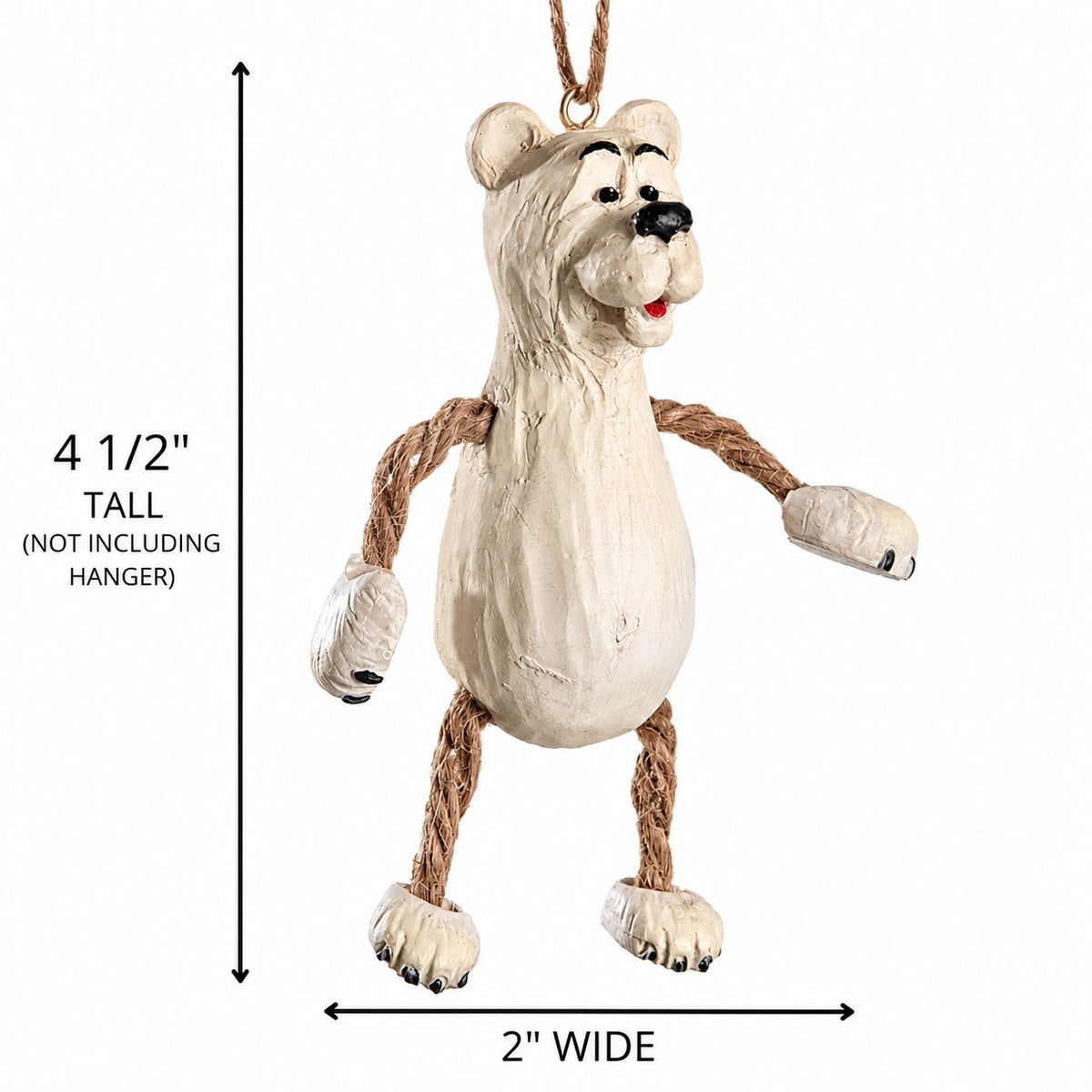 Polar bear Christmas ornament shown on a white background with dimension callouts indicating 4 1/2 inches tall and 2 inches wide.