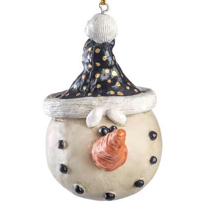 Snowman Ornament with Black and Gold Stocking Cap Bac 041