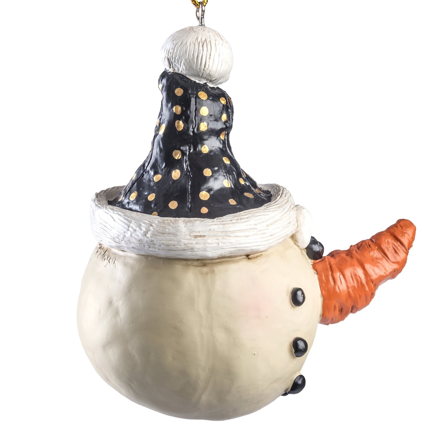 Snowman Ornament with Black and Gold Stocking Cap Bac 041
