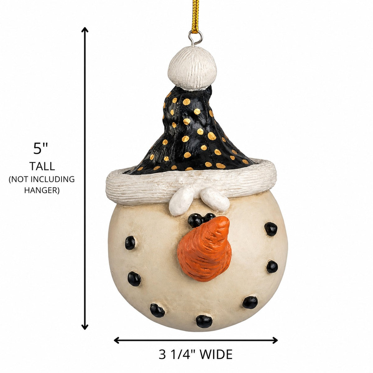 Snowman Christmas ornament with a black and gold hat, white fluffy trim, orange carrot nose, and black buttons, shown on a white background with dimension labels indicating 5 inches tall and 3 1/4 inches wide.