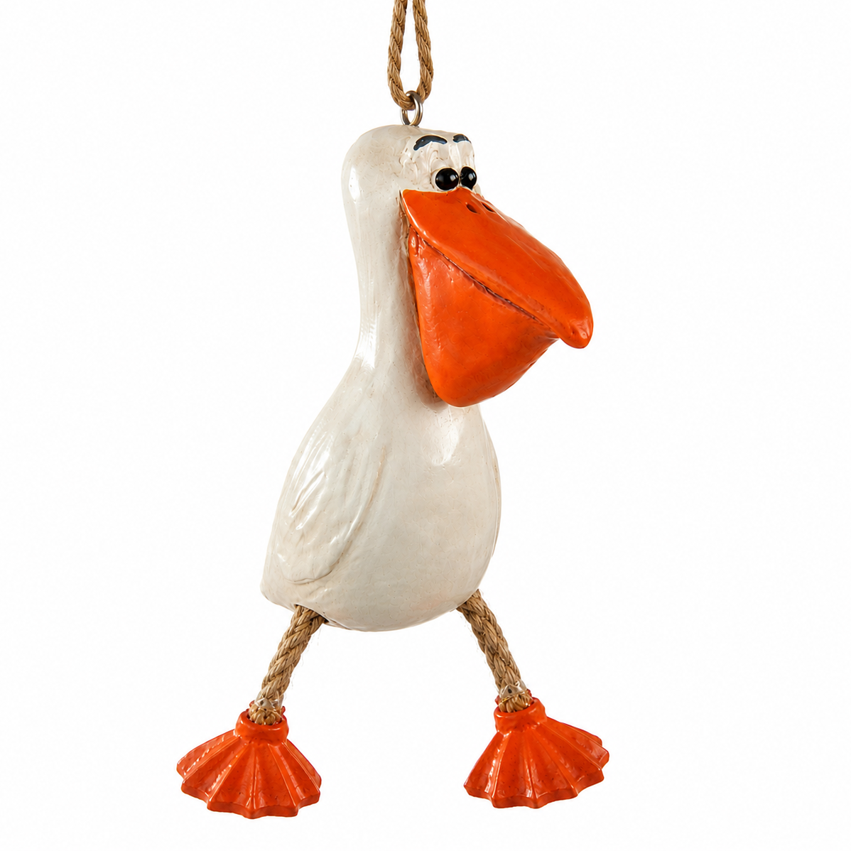 A resinpelican ornament hanging by a rope loop, featuring a white body, a large orange beak, and orange webbed feet against a plain white background.