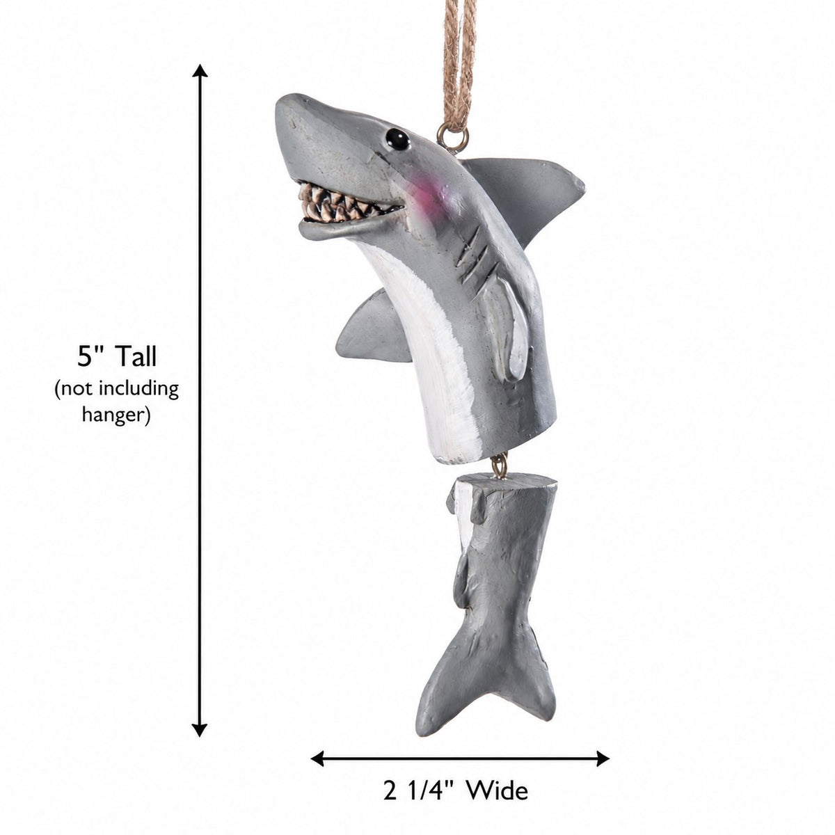 A shark hanging ornament shown on a white background with dimension arrows and text indicating 5" tall and 2 1/4" wide.