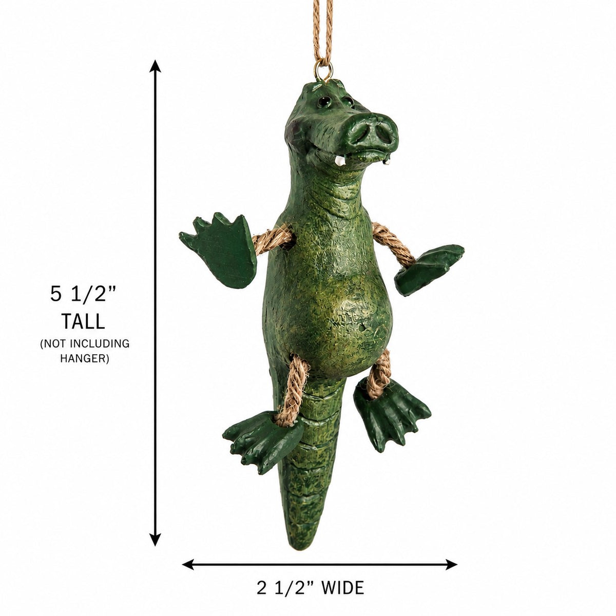 A green alligator hanging ornament with rope accents and a hanging loop, shown on a white background with dimension arrows indicating 5 1/2 inches tall and 2 1/2 inches wide.
