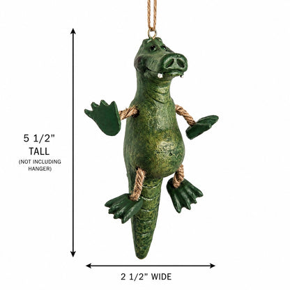A green alligator hanging ornament with rope accents and a hanging loop, shown on a white background with dimension arrows indicating 5 1/2 inches tall and 2 1/2 inches wide.