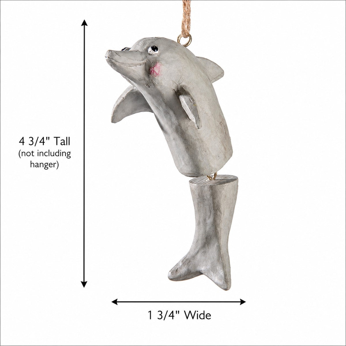 A gray dolphin hanging ornament with a rope hanger, shown on a white background with measurement arrows and text indicating 4 3/4" tall and 1 3/4" wide.