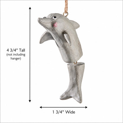 A gray dolphin hanging ornament with a rope hanger, shown on a white background with measurement arrows and text indicating 4 3/4" tall and 1 3/4" wide.