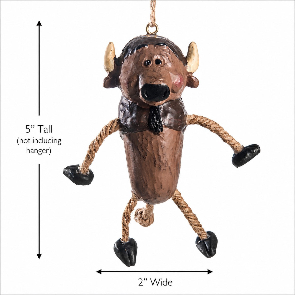 A hanging decorative buffalo ornament shown on a white background with dimension arrows and text indicating 5 inches tall and 2 inches wide.