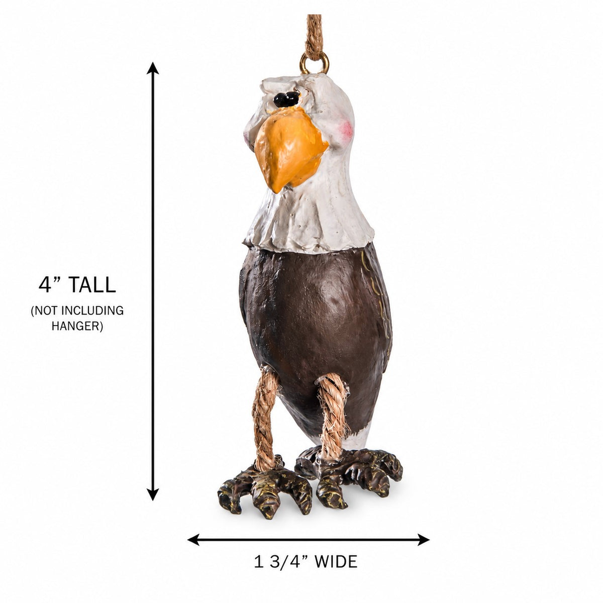 A hanging eagle ornament shown on a white background with measurement arrows and text indicating it is 4 inches tall and 1 3/4 inches wide, excluding the hanger.