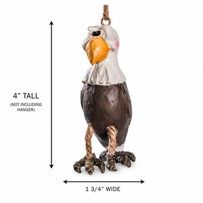A hanging eagle ornament shown on a white background with measurement arrows and text indicating it is 4 inches tall and 1 3/4 inches wide, excluding the hanger.