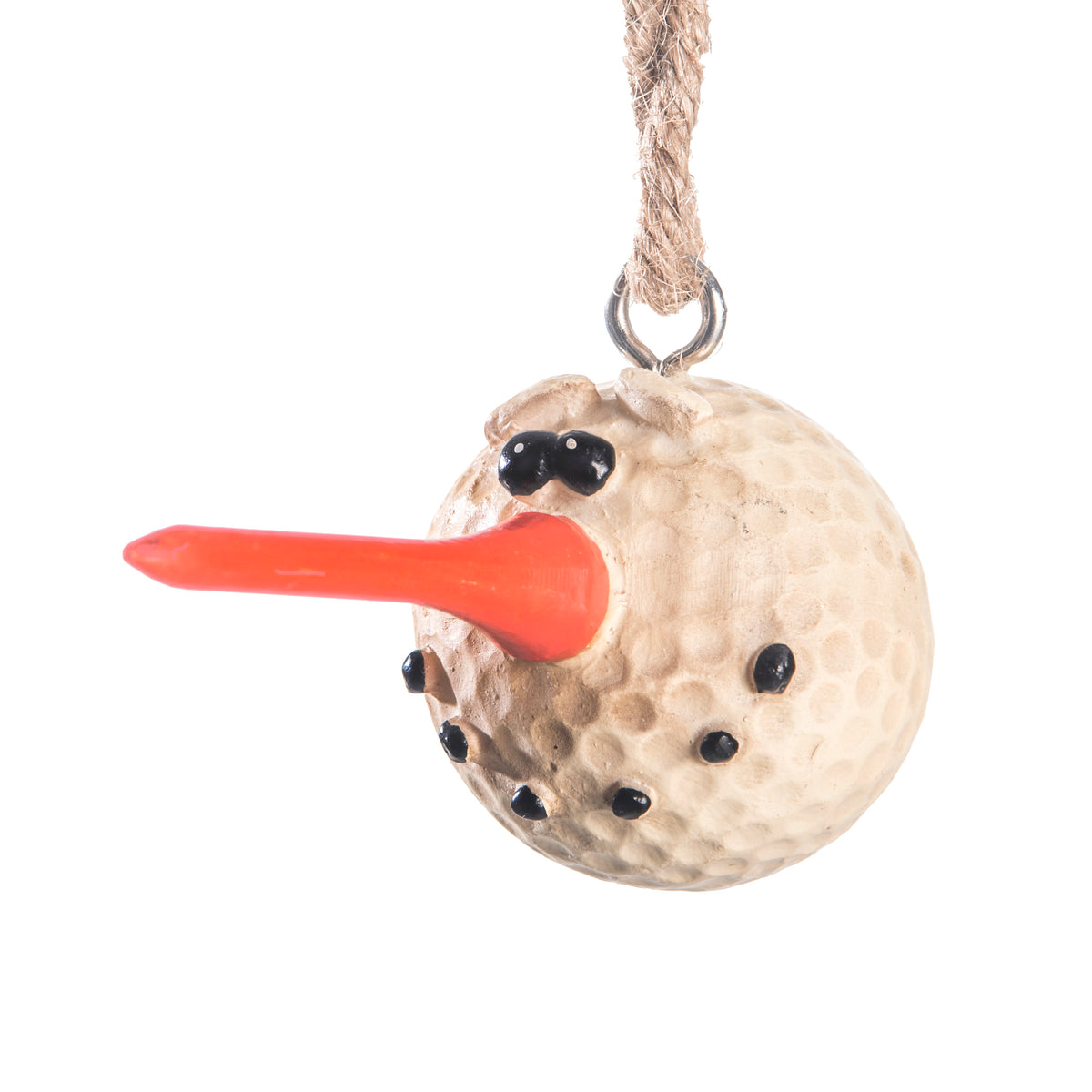 A novelty golf-themed ornament shaped like a textured golf ball with a bright orange carrot nose and black painted facial features, hanging from a rope loop on a white background.