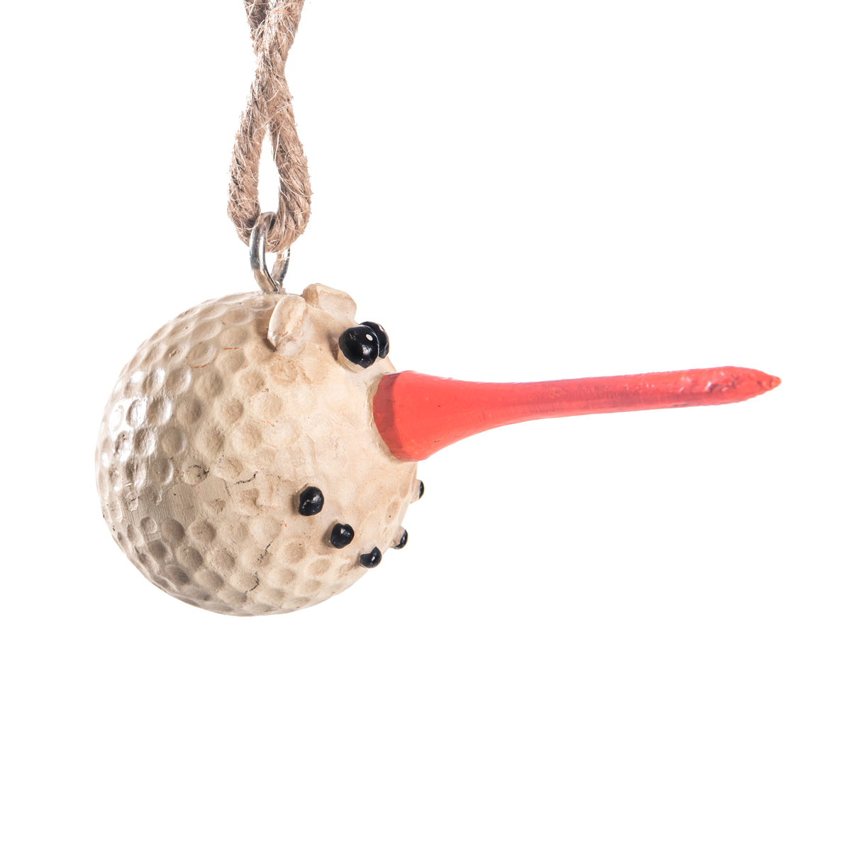 Side view of a golf ball Christmas ornament by Bert Anderson.